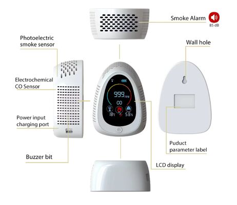 Un bon prix. GZAIR PT03 moniteur de qualité de l'air 5 en 1 - détection du CO/fumée/temp/humidité, connectivité WiFi, installation murale/desktop double en ligne